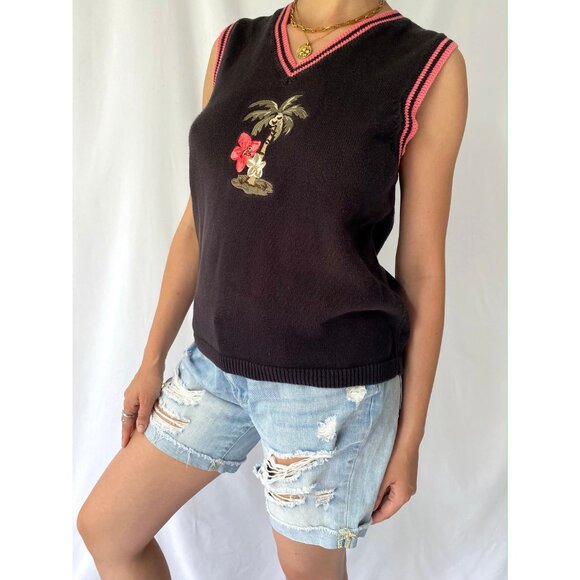 90s vintage black tropical palm tree embroidered knit sweater vest cotton top - Picture 5 of 8